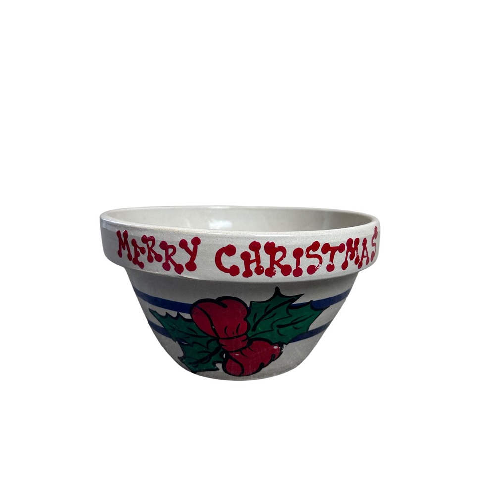 Vintage Roseville Pottery Merry Christmas Blue Stripe‎ Holly Berry Hand Painted